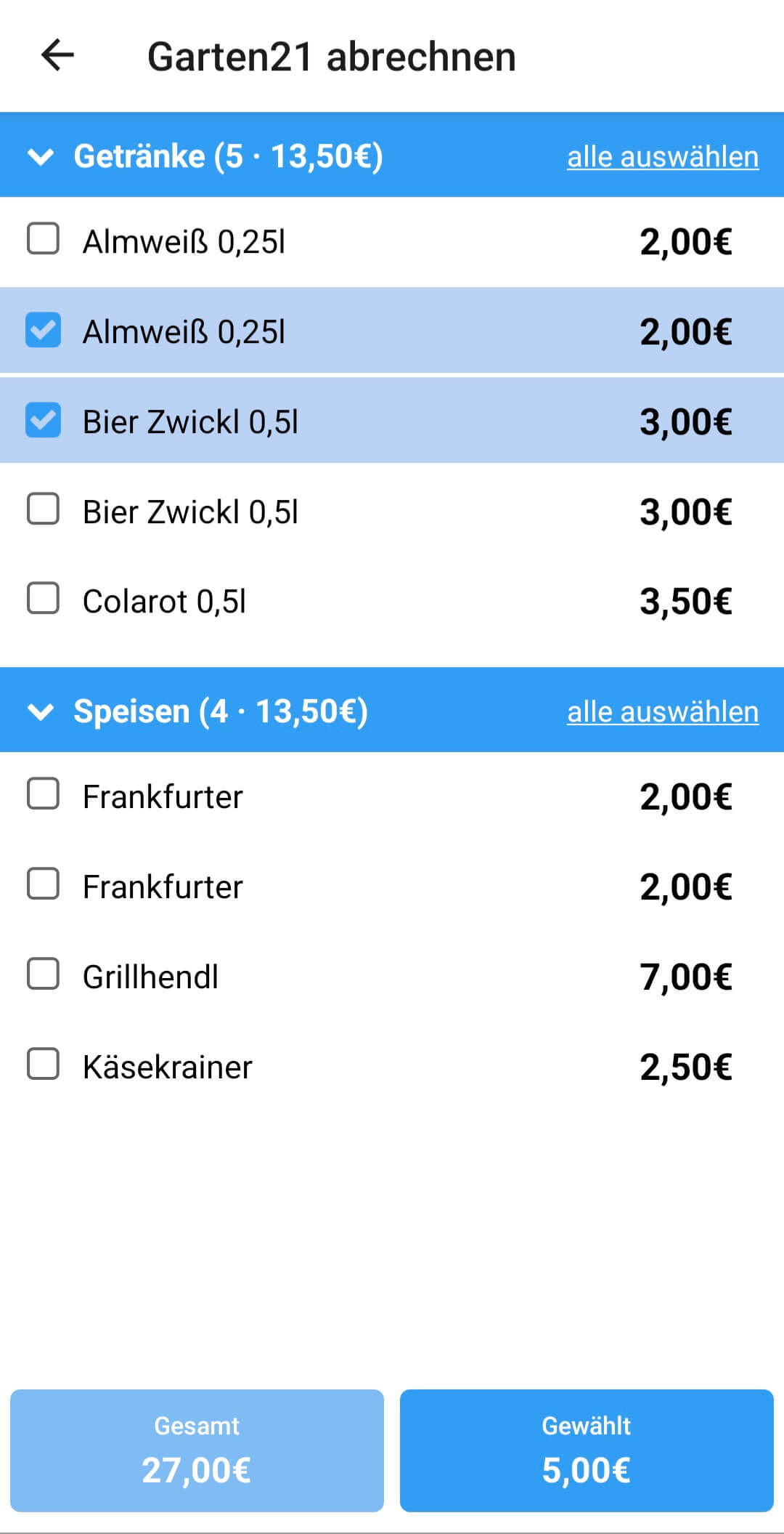 Abrechnen mit Positionen-Auswahl und Section-Summen