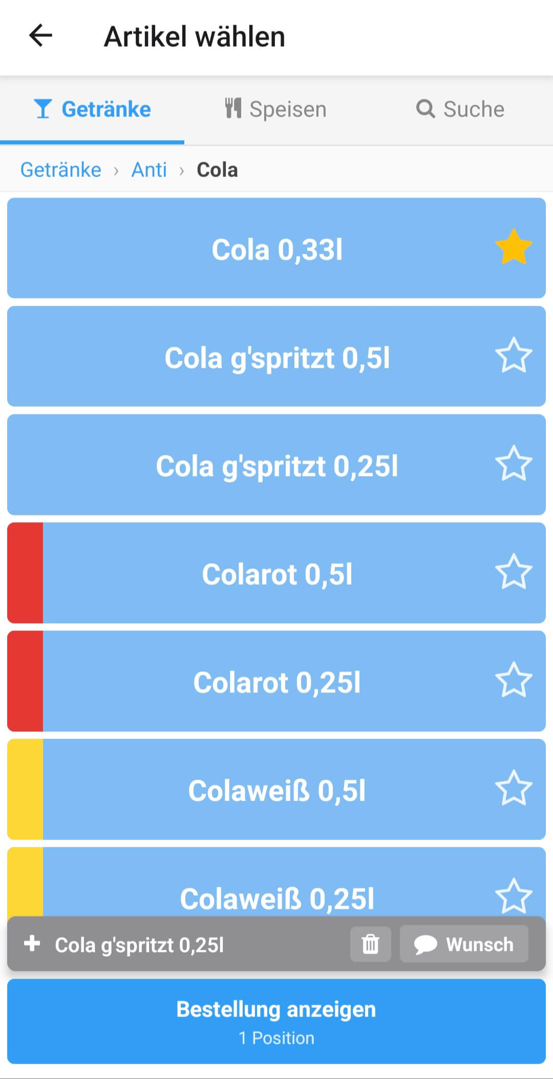 Getränke-Auswahl mit Schnellsuche