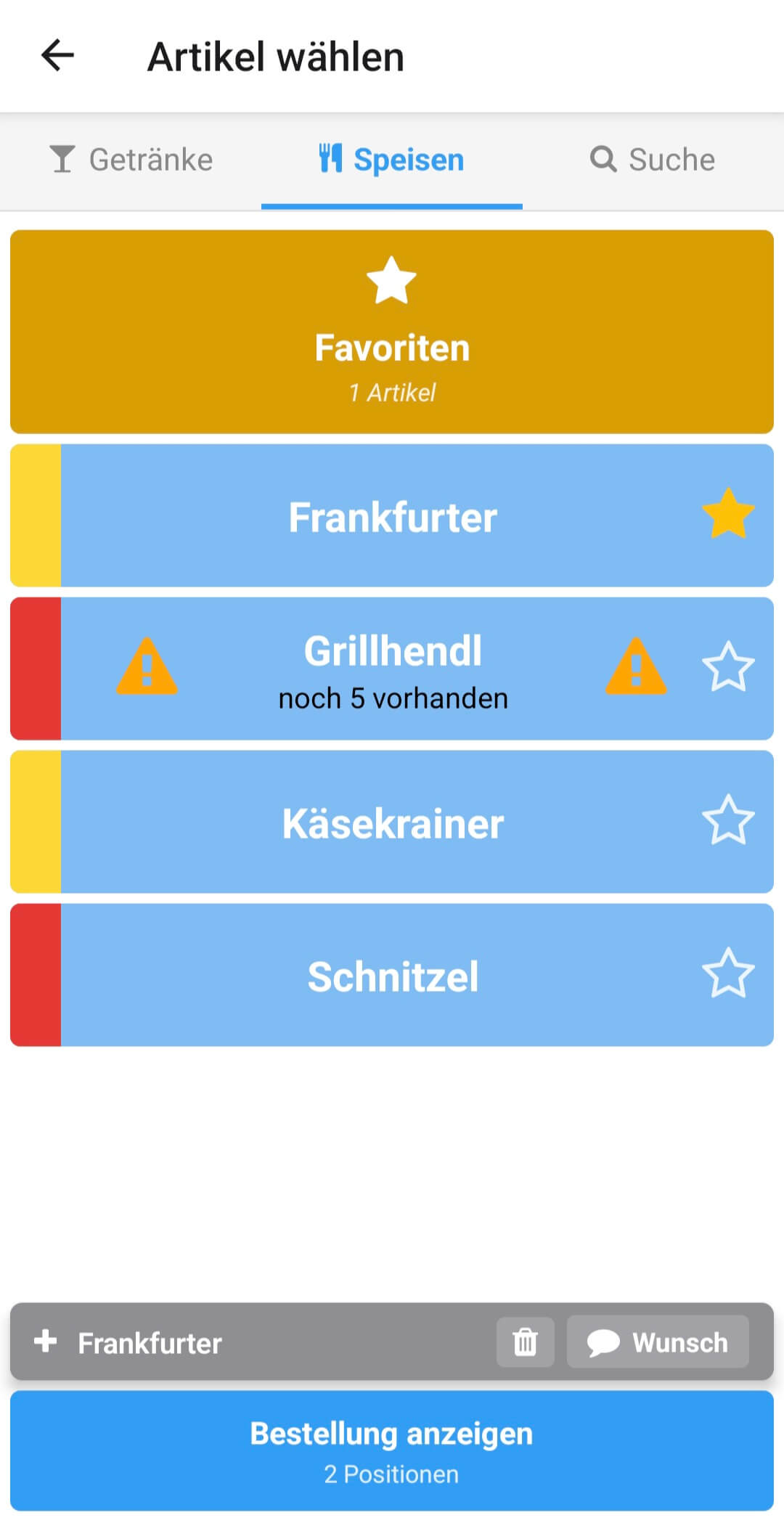Speisen-Tab mit Favoriten-Kachel und Bestandsanzeige