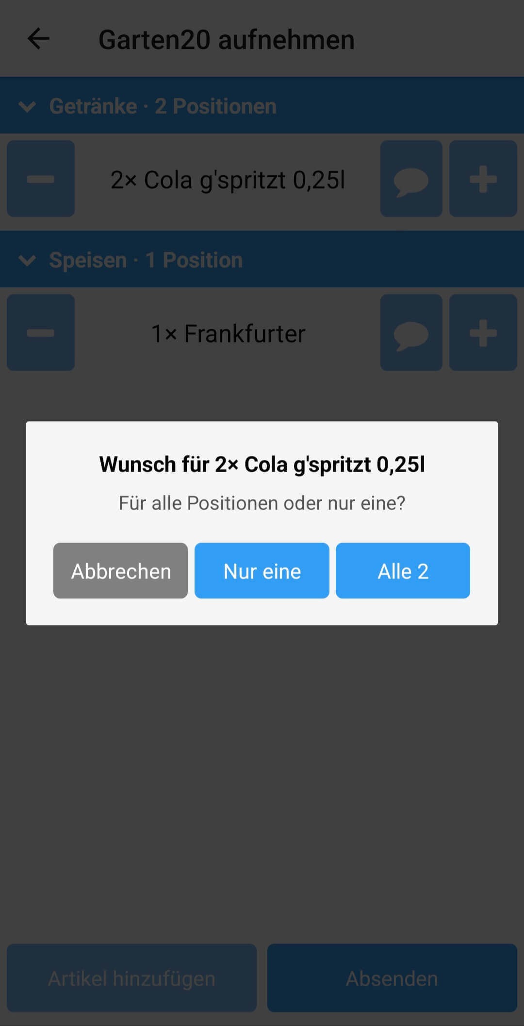 Bestellübersicht mit Wunsch-Modal