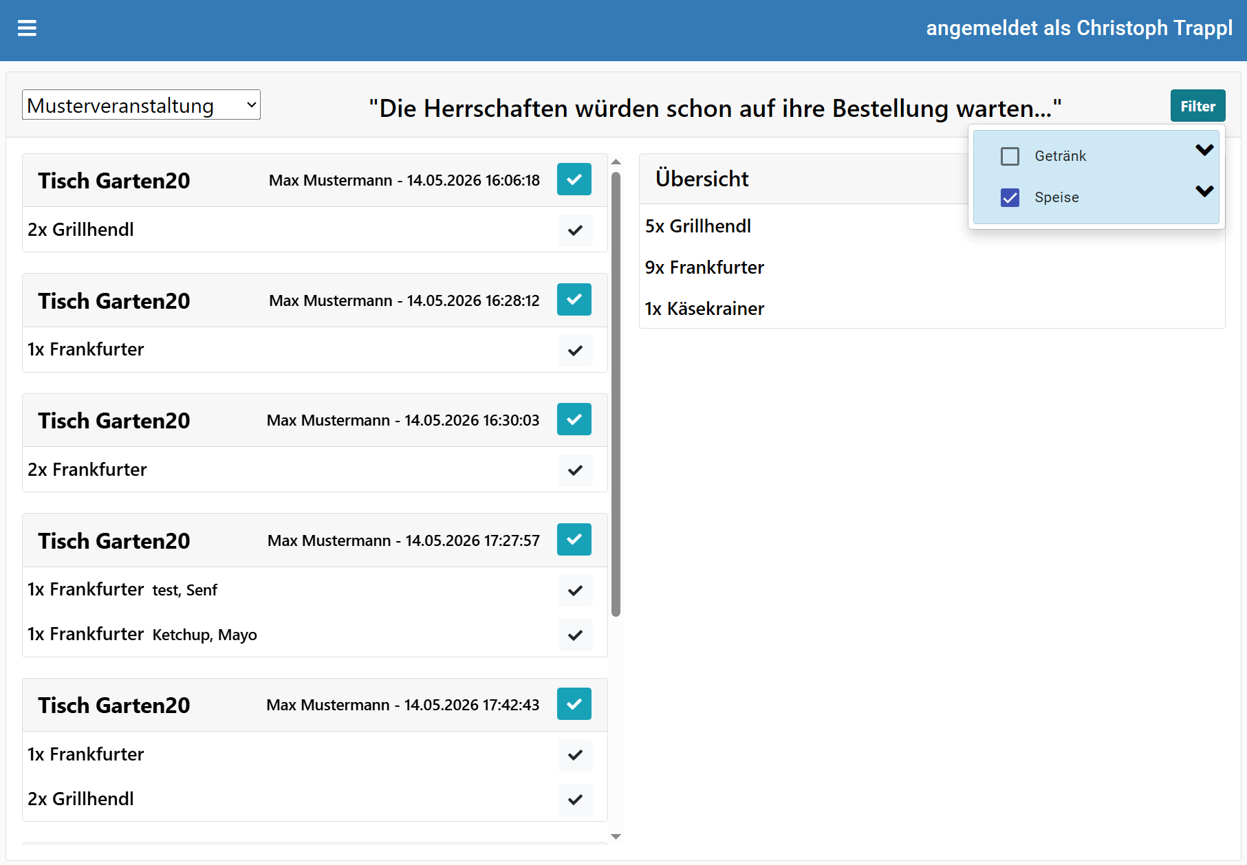 Live-Bestellübersicht für Küche und Schank mit Filter