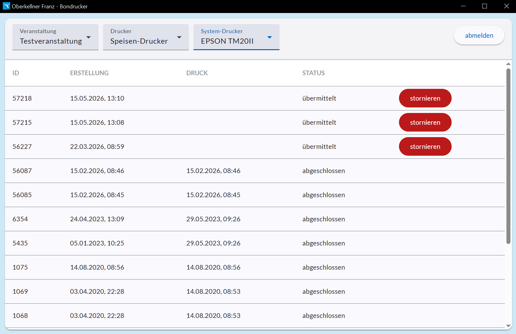 Bondrucker-App mit Druckjob-Liste und Status